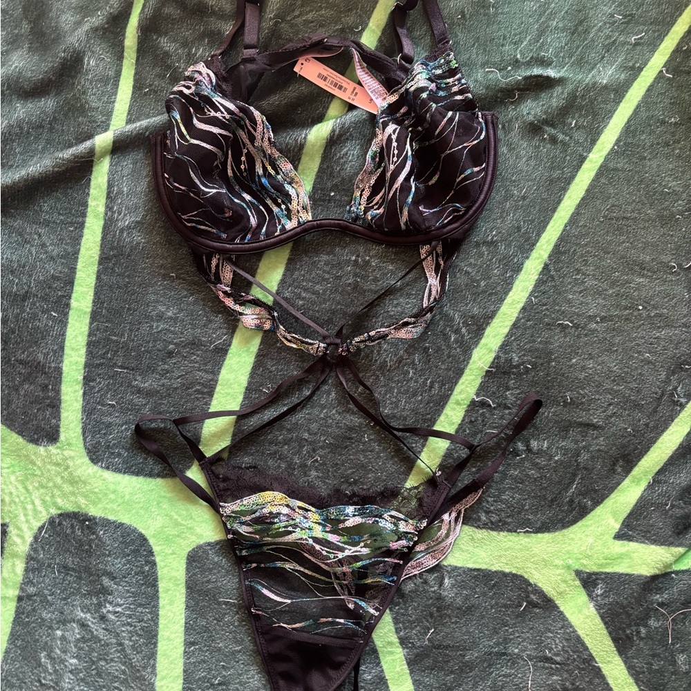 Victoria's Secret Black Bikini Set with Multicolor Embroidered Waves